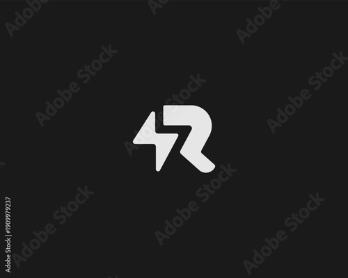 A letter R and lightning logo design. Monochrome flash energy sign. Minimalistic vector monogram.