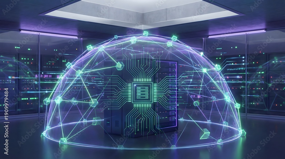 Fototapeta premium Advanced Microchip Processor and Cyber Security Shield Over Mainframe Server in Futuristic Secure Data Center Environment
