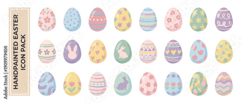 Large Collection of 24 Hand-Painted Easter Egg Icons in Soft Pastel Colors with Diverse Patterns like Bunnies, Flowers, Hearts, and Stripes; Decorative Flat Design Vector for Spring Celebrations.