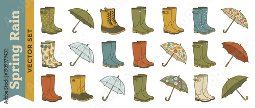 Collection of 21 Retro Spring Rain Boots and Umbrellas Vector Icons. Vintage Style Wellies with Floral and Polka Dot Patterns in Muted Tones. Seasonal Weather Fashion Illustration Set.