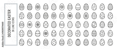 Set of 36 Decorated Easter Egg Line Icons Featuring Various Patterns Like Stripes, Dots, Flowers, and Geometric Shapes in a Minimalist Vector Style for Holiday Designs and Spring Celebrations