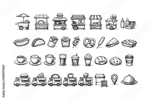 Street food line icon set for vendors, snacks, and coffee stalls