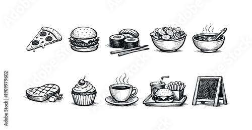 Food and drink icon set. Hand-drawn style collection includes pizza, coffee, burger