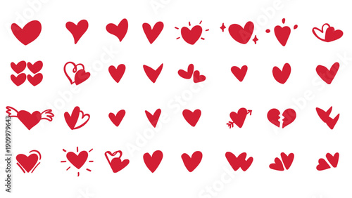 Hand drawn scribble hearts. Painted heart shaped elements for valentines day greeting card. Doodle red love hearts isolated vector icons set. Romantic sticker pack.