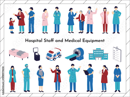医療従事者と医療機器のイラストセット