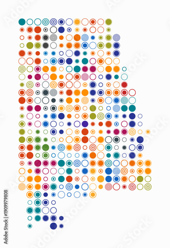 Alabama, shape of the state build of colored cells. Digital style map of the Alabama on white background. Large size circle blocks. Artistic vector illustration.