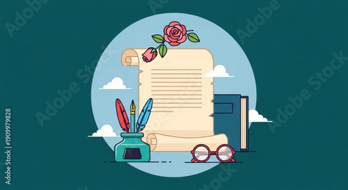 World Poetry Day A vintage scroll with quills, inkwell, glasses, and a rose symbolizes creativity, writing, and knowledge in a classic setting