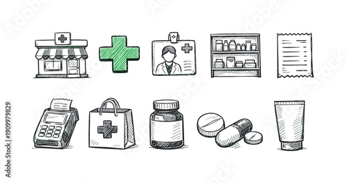 Pharmacy and medical sketch icon set featuring outline style for healthcare essentials