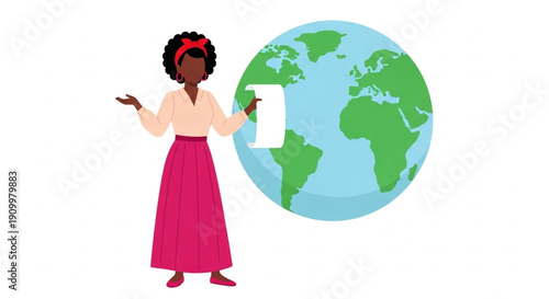 World Poetry Day Confidently presenting diverse female with a blank scroll by a global map, symbolizing international communication, social awareness, and impactful worldwide initiatives