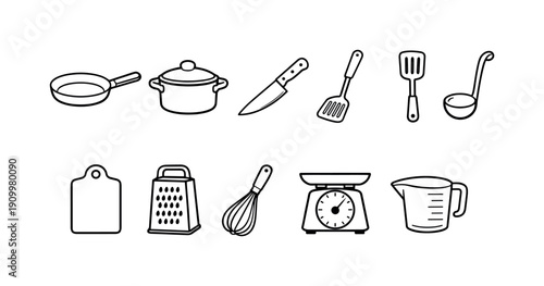 Kitchen utensils icon set. Cooking, baking, and food preparation outline icons collection