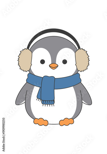 Cute Winter Penguin Cartoon Vector Illustration with Scarf and Earmuffs
