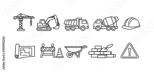 Construction and building outline icon set for infrastructure projects