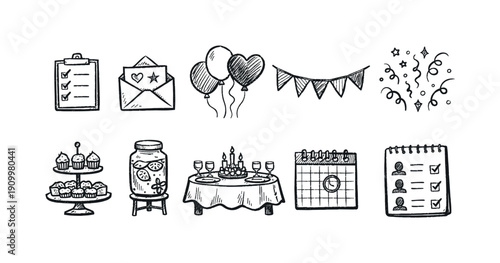 Party and celebration hand-drawn icon set. Festive, event planning icons outline style
