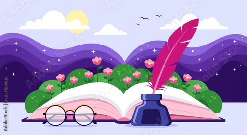 World Poetry Day Open book with quill and ink, glasses, and blooming flowers under a starry sky, evoking creativity and storytelling