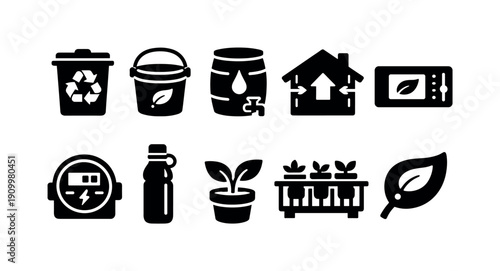 Sustainability solid icon set. Eco-friendly, recycling, renewable energy symbols