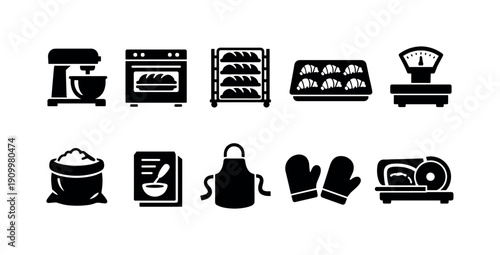 Baking silhouette icon set. Kitchen, pastry tools, bakery equipment icons collection