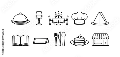Restaurant and dining outline icon set. Culinary, tableware, and menu line icons collection