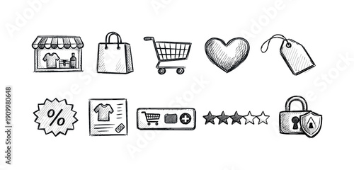 Shopping and e-commerce icon set. Sketched, hand-drawn icons for online shopping