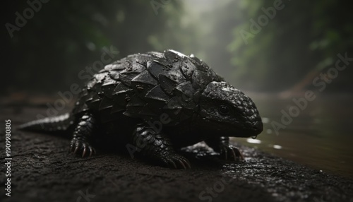 Small armored river dweller rests near water, depicted in a misty forest setting on 20260210