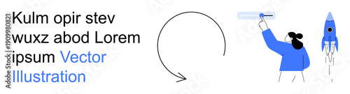 Business strategy, innovation, startups, sustainability, teamwork, creativity. Rocket launching, person writing circular arrow. Innovation and startups in modern design