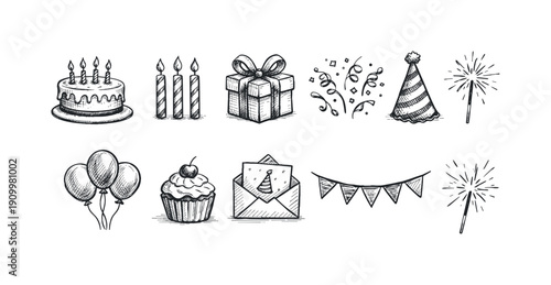 Birthday celebration doodle icon set. Party, festive hand-drawn outline icons collection