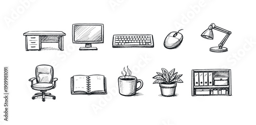Office sketch icon set. Work, desk, computer, outline style collection.
