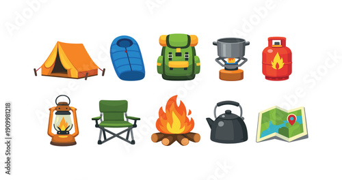 Camping essential 3d icon set. Outdoor, backpacking, gear, adventure icons 3d collection