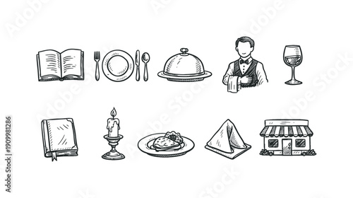 Dining and restaurant outline icon set for menus, chefs, and culinary art