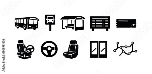 Transportation, public transport silhouette icon set. Bus, ticket, map, transit collection