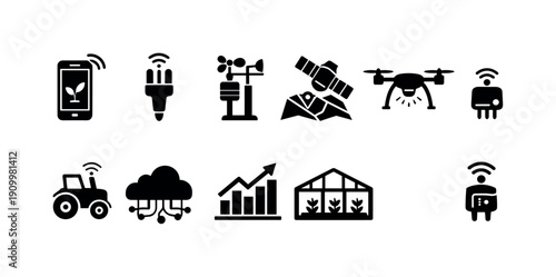 Smart farming silhouette icon set. Agriculture technology, iot farming icons