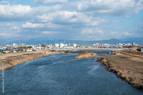 Panoramic view of Kumamoto City, Shirakawa River, and Mt. Aso from Kumamoto Nishi-Ohashi Bridge