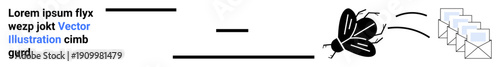 System error, communication failure, debugging processes, cybersecurity, email issues, programming bugs. A bug flying toward email icons. System error and communication failure illustration