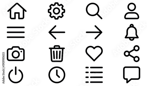 Set of sixteen universal user interface icons for web and mobile applications, featuring minimalist black line art symbols for home, settings, search, and navigation