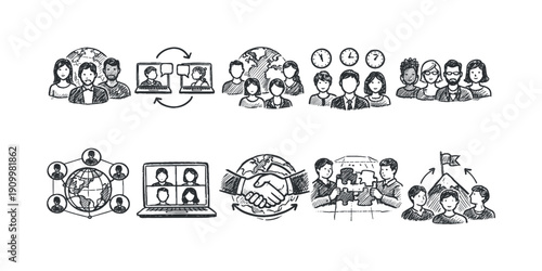 Online communication linear icon set. Virtual meeting, teamwork, networking icons