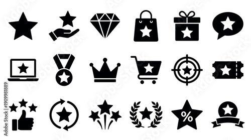 Collection of black loyalty program glyph icons representing concepts like rewards, bonuses, VIP status, quality, achievement, and customer satisfaction in a simple flat design