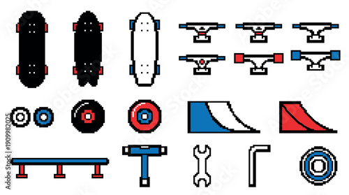 Pixel art skateboard equipment icon set featuring decks, trucks, wheels, ramps, and tools in a retro 8-bit video game style illustration for graphic design elements