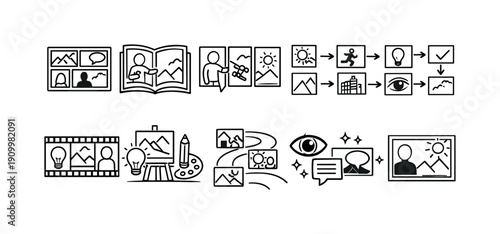 Photography and storytelling linear icon set. Photo sequence, narrative, line collection.