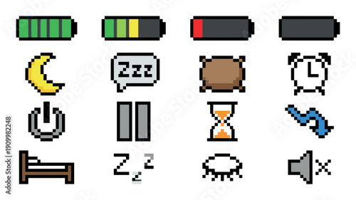 Set of pixel art icons for sleep and energy themes, featuring a battery, moon, bed, and alarm clock in a retro 8-bit video game style for user interface elements