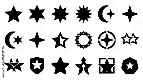 Diverse collection of black star icons featuring various geometric shapes, points, and styles, including classic, modern, and abstract designs for graphic elements