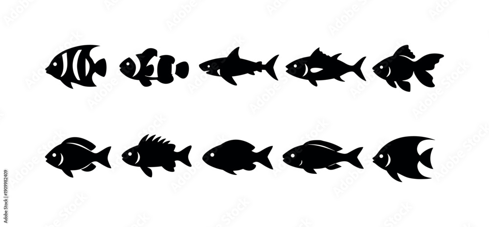 Fototapeta premium Aquatic animals silhouette icon set. Ocean, marine life, silhouette icons collection
