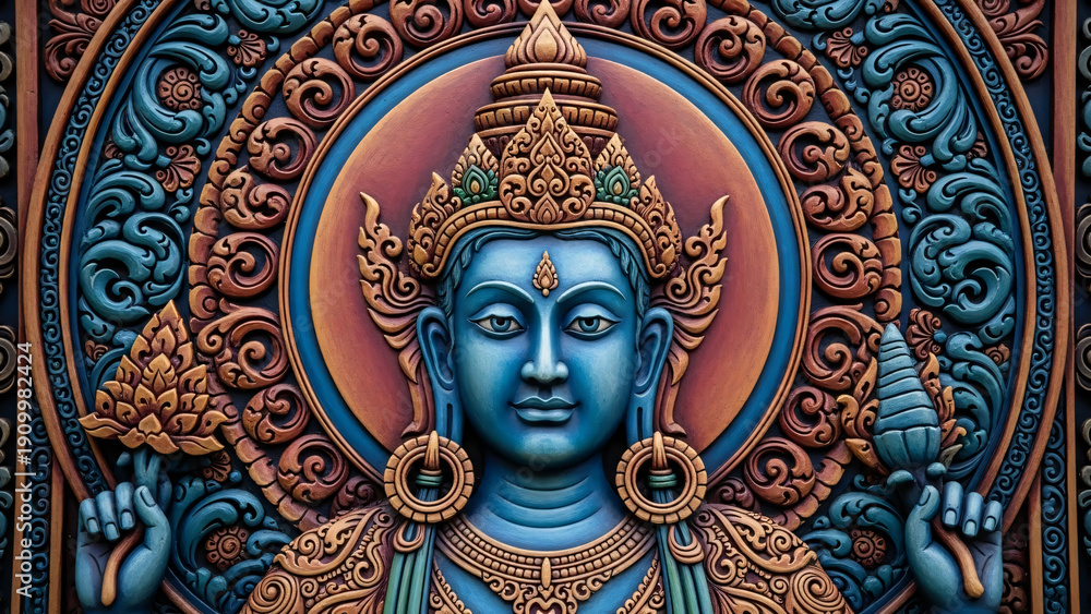 Obraz premium Ornate Blue Buddha Statue with Golden Accents.