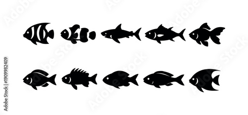 Aquatic animals silhouette icon set. Ocean, marine life, silhouette icons collection