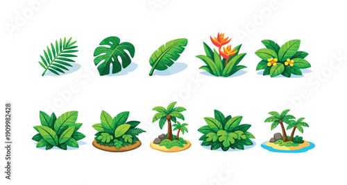 Nature, botanical flat icon set. Foliage, tropical, jungle icons flat collection