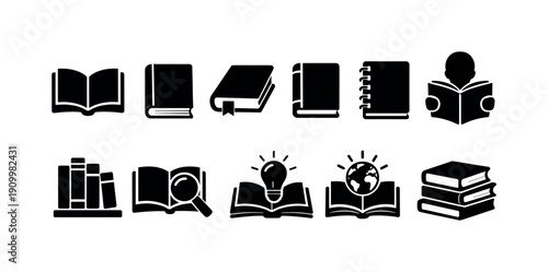 Education, books solid icon set. Learning, reading, study icons solid collection