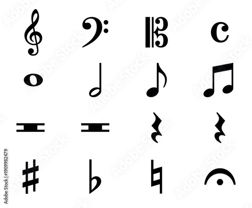 Collection of black musical notation symbols including clefs, notes, rests, and accidentals arranged in a grid for music theory education and composition concepts