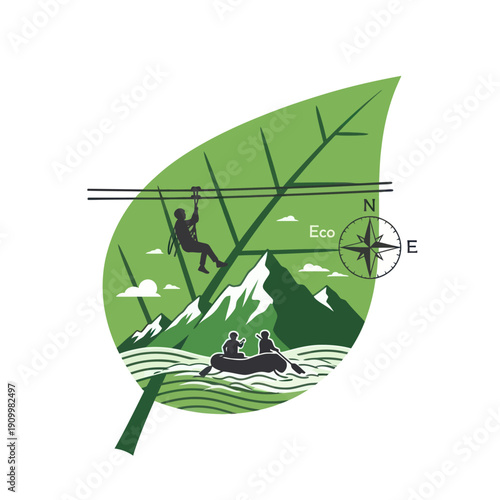 Eco outdoor adventure activities in green leaf symbol