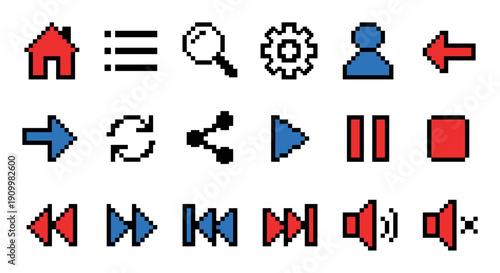 Set of colorful pixel art icons for user interface design, including navigation and media player controls in a retro 8-bit video game style