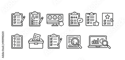 Survey and feedback line icon set. Customer engagement, review linear icons collection