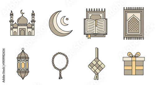 Collection of Islamic symbols and objects including mosque, crescent moon, Quran, prayer mat, lantern, prayer beads, gift box, and a traditional lantern