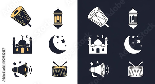 Modern vector icon set for Islamic celebrations, featuring traditional Ramadan elements like mosques, lanterns, drums, and moon symbols, ideal for cultural event designs